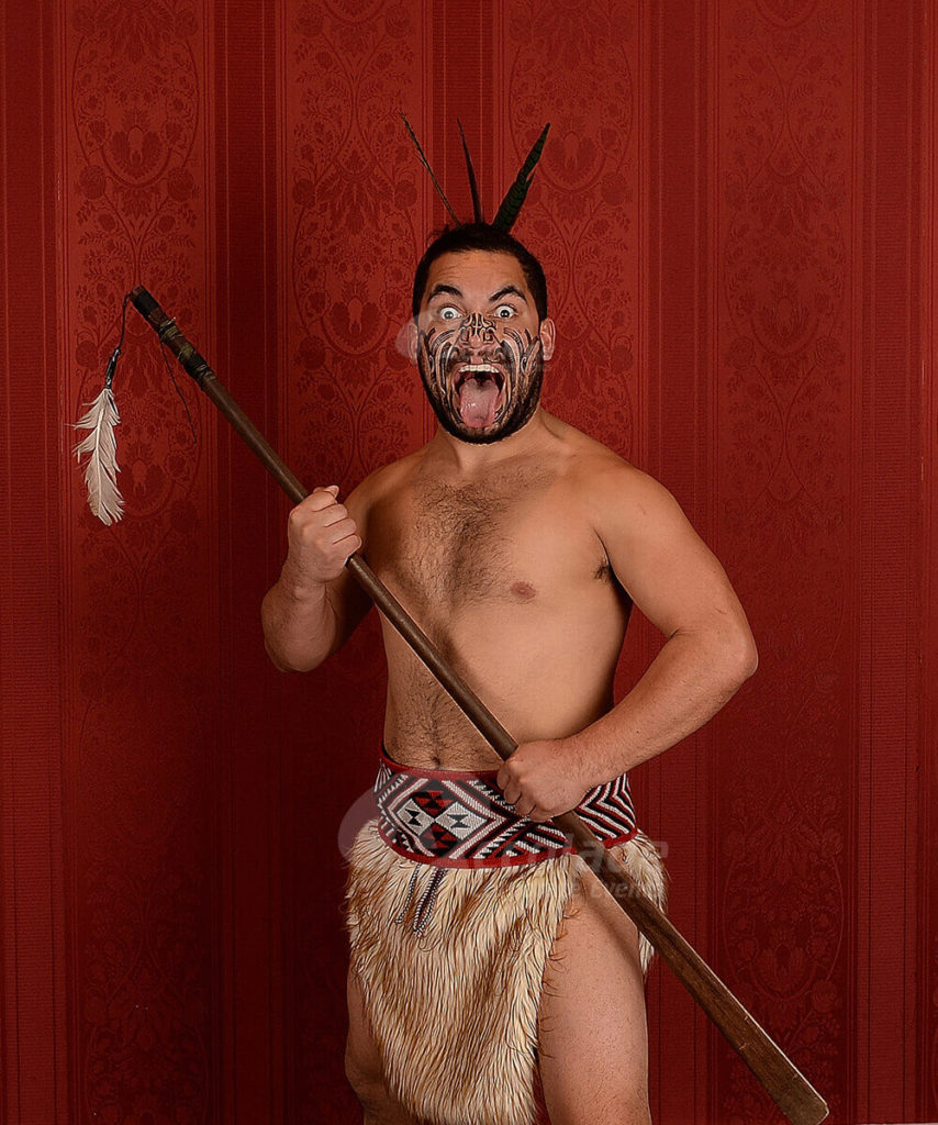 Haka master with spear at team build