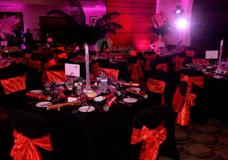 Red and black room theme at a Viva Las Vegas company party